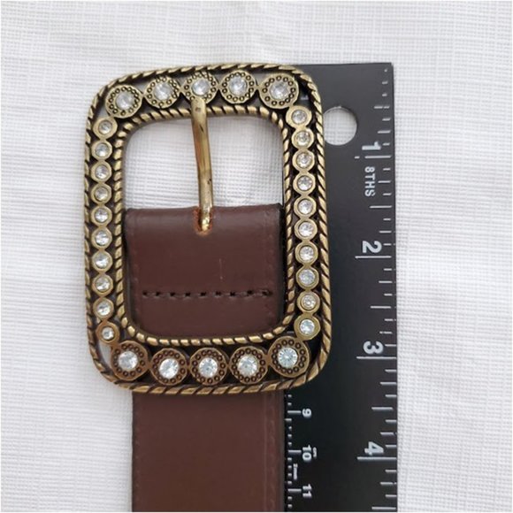 EUC Brown Leather Belt with Antique Gold Rhinestone Buckle Western Size XS - Picture 6 of 10